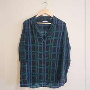Equipment 100% Silk Navy and Green Plaid Blouse